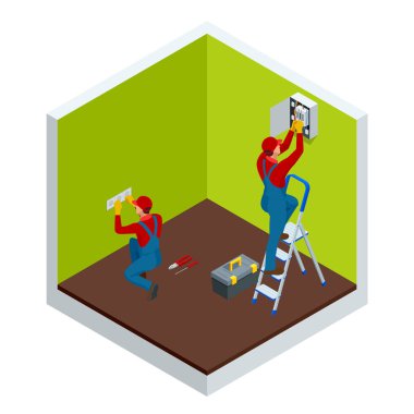Isometric master electrician at work near the plate with a plurality of wires. Repairs in the house or apartment, wiring electricity. Construction building industry vector illustration clipart