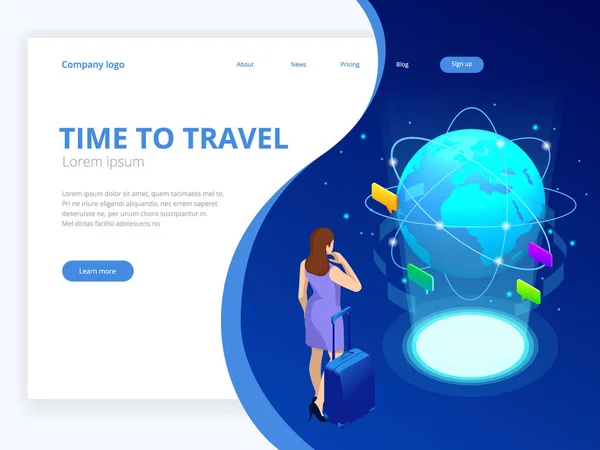 Isometric web banner businesswomen hold Luggage business trip. Travel to World. Road trip. Tourism. Landmarks on the globe. Concept website template. Vector illustration. — Stock Vector
