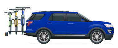 SUV araba bisiklet bir minibüsün arkasına yüklenen taşıdığının. Yan görünümü. Düz stil illüstrasyon izole beyaz arka plan üzerinde