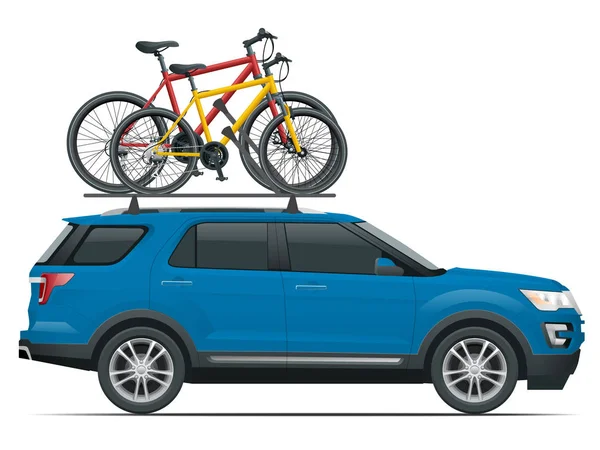 Yan görünümü suv araba iki bisiklet ile çatı rack monte. Düz stil illüstrasyon izole beyaz arka plan üzerinde. — Stok Vektör