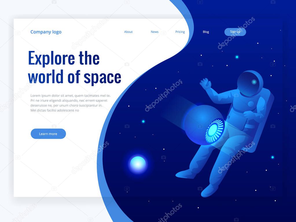 Isometric web banner of explore the world of space concept. Astronaut in outer space, discovery. Vector illustration