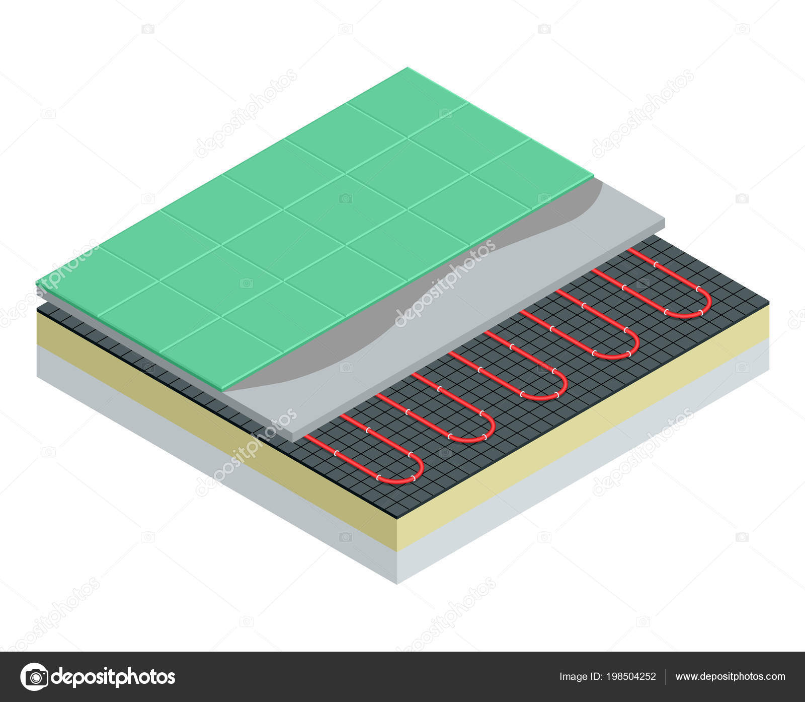 Isometric layers of floor heating system partly under ceramic tiles