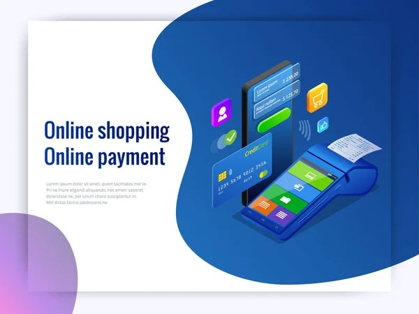 Ізометричні покупки онлайн та онлайн-концепції оплати. Інтернет платежі, захист грошових переказів, онлайн банк Векторні ілюстрації — стоковий вектор