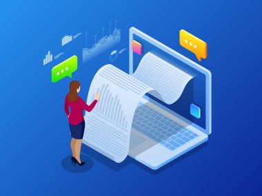 İstatistik verileri, bildirim finansal işlem, hareket eden banka, bir kağıt fatura ile smartphone izometrik makbuzu. Analizi ve istatistik online hizmetler.