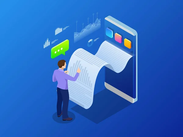 Isometric receipt of statistics data, notification on financial transaction, mobile bank, smartphone with a paper bill. Analysis and statistic online services. — Stock Vector