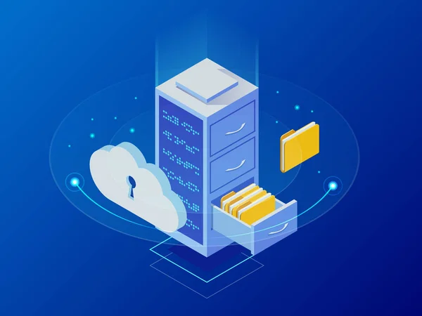 Isometric cloud computing concept represented by a server, with a cloud representation hologram concept. Data center cloud, computer connection, hosting server, database synchronize technology — Stock Vector