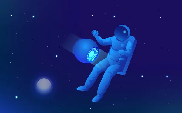 Un banner web izometric de a explora lumea conceptului de spațiu. Astronaut în spaţiu, descoperire. Ilustrație vectorială — Vector de stoc
