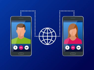 Uzun mesafe ile dünya küresel iletişim izometrik kavramı. Telefonda görüntülü sohbet yoluyla iletişim kadın ve erkek. Görüntülü arama sohbet konferans vektör çizim