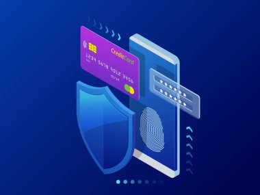Isometric kişisel veri koruma web pankartı konsepti. Siber güvenlik ve mahremiyet. Trafik Şifreleme, VPN, Gizlilik Koruma Antivirüsü. Vektör illüstrasyonu.