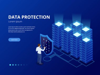Isometric kişisel veri koruma web pankartı konsepti. Siber güvenlik ve mahremiyet. Trafik Şifreleme, VPN, Gizlilik Koruma Antivirüsü. Vektör illüstrasyonu.
