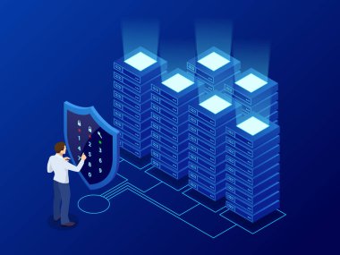 Isometric kişisel veri koruma web pankartı konsepti. Siber güvenlik ve mahremiyet. Trafik Şifreleme, VPN, Gizlilik Koruma Antivirüsü. Vektör illüstrasyonu.