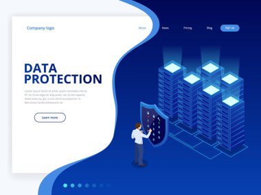 Isometric kişisel veri koruma web pankartı konsepti. Siber güvenlik ve mahremiyet. Trafik Şifreleme, VPN, Gizlilik Koruma Antivirüsü. Vektör illüstrasyonu.