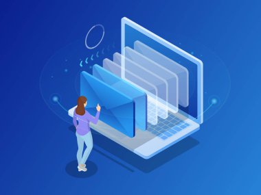 İzometrik mesaj sohbet sosyal metin kavramı. E-posta ile Smartphone tutan iş kadın. Vektör çizim