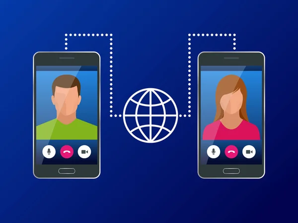 Isometric konsep komunikasi global dunia dengan jarak jauh. Pria dan wanita berkomunikasi melalui video chat di telepon. Ilustrasi vektor konferensi obrolan panggilan video - Stok Vektor