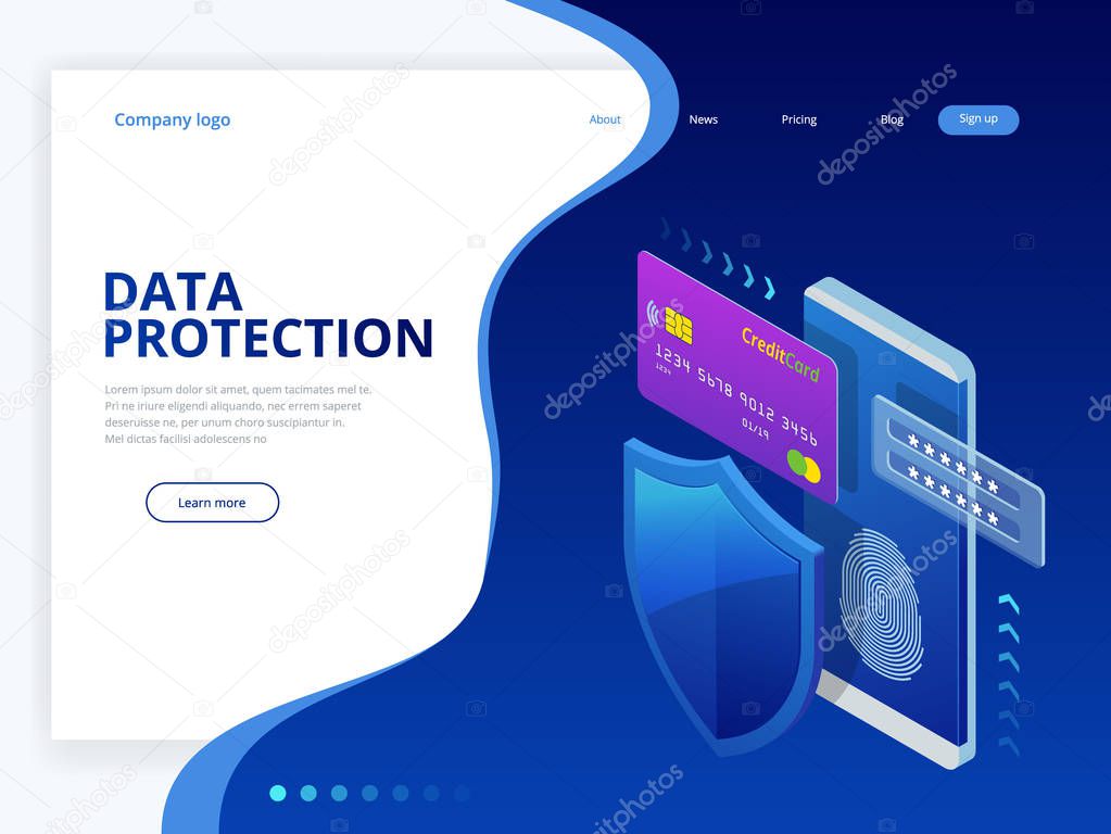 Isometric personal data protection web banner concept. Cyber security and privacy. Traffic Encryption, VPN, Privacy Protection Antivirus. Vector illustration.