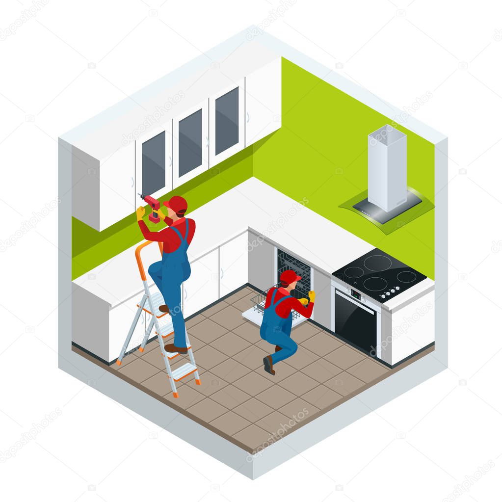 Isometric assembly of kitchen of furniture in the studio apartment concept. Repairman in overalls repairing cabinet hinge in kitchen vector illustration