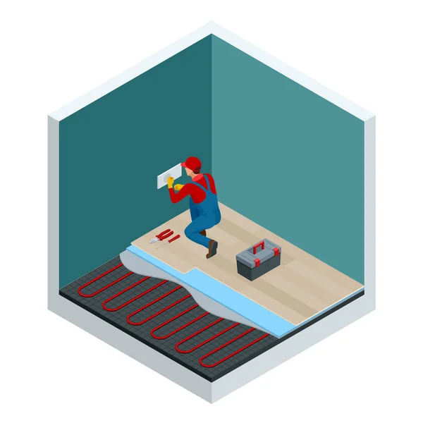 Isometric layers of infrared floor heating system under laminate floor concept. Home repair isometric template. Underfloor heating vector illustration. — Stock Illustration Isometric layers of infrared floor heating system under laminate floor concept. Home repair isometric template. Underfloor heating vector illustration. Stock Vector