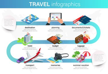 İzometrik infographics kavramı tatil planı, seyahat, iş, Web siteleri, sunumlar, reklam vb için. Seyahat Infographic Kılavuzu planlayın. Tatil rezervasyon kavramı.
