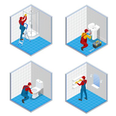 İzometrik tesisatçı veya işçi ile aracı kemer ayakta banyoda kavramları ayarlayın. Banyo oda onarım izometrik vektör kompozisyon.