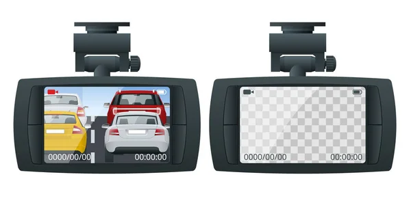 Auto dvr tragbare mobile dvr Videokamera Camcorder mit LCD-Bildschirm auf der Windschutzscheibe isoliert auf weißem Hintergrund installiert — Stockvektor