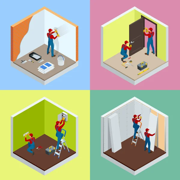 Home repair isometric concept set with workers, tools, equipment isolated on white. Building, construction and home repair tools. Vector flat isometric illustration. — Stock Illustration Home repair isometric concept set with workers, tools, equipment isolated on white. Building, construction and home repair tools. Vector flat isometric illustration. Vector Graphics