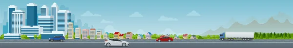 Concepto vectorial ciudad y vida suburbana. Calle de la ciudad, grandes edificios modernos, paisaje urbano, coches. Paisaje urbano . — Vector de stock