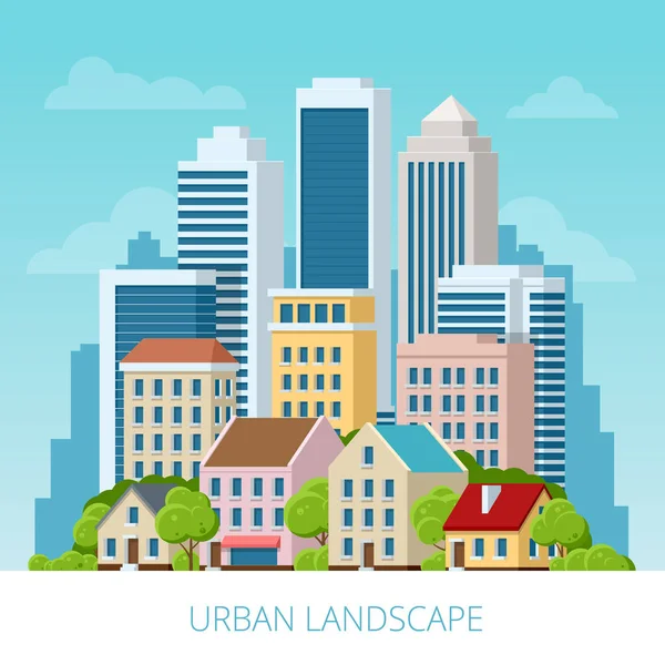 Vektör kavramı şehir ve banliyö hayat. Şehir sokak, büyük modern binalar, cityscape, araba. Kentsel peyzaj.