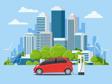 Vektör kavramı Eko-kent ve banliyö hayat. Elektrikli araç şarj istasyonu şarj. Electromobility e-hareket. Kentsel peyzaj.