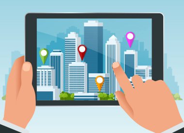 Artırılmış gerçeklik şehir veya Gps uydu navigasyon kavramı. Seyahat, turizm ve konumu rota planlama. Navigator Internet uygulama ile vektör akıllı telefon
