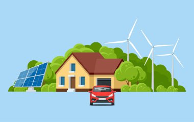 Ekoloji ve çevre koruma doğa konsepti ile. Yeşil enerji ve çevre dostu modern ev dağ manzarası. Vektör çizim.