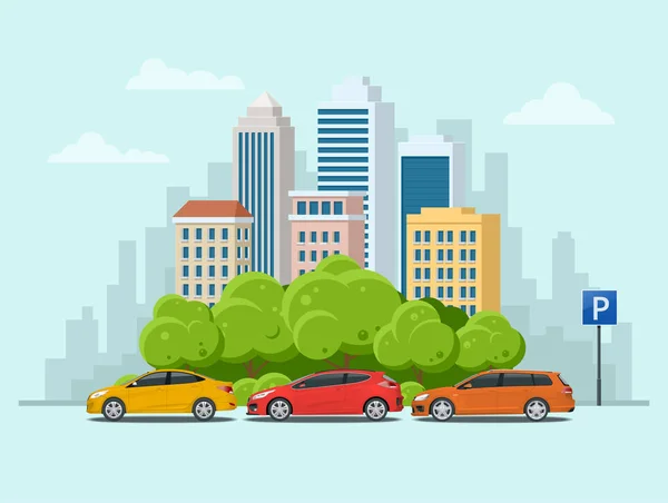 Mașini concept vectoriale parcate în parcare de-a lungul străzii orașului cu copaci verzi. Peisaj urban . — Vector de stoc