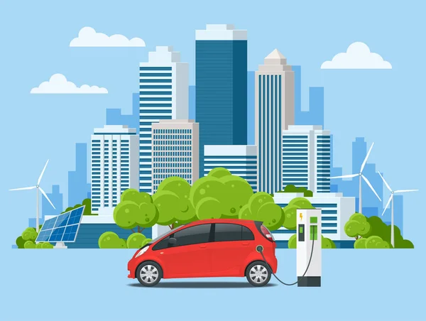 Concept vectoriel éco-ville et vie suburbaine. Chargement de voiture électrique à la station de charge. Électromobilité e-motion. Paysage urbain . — Image vectorielle