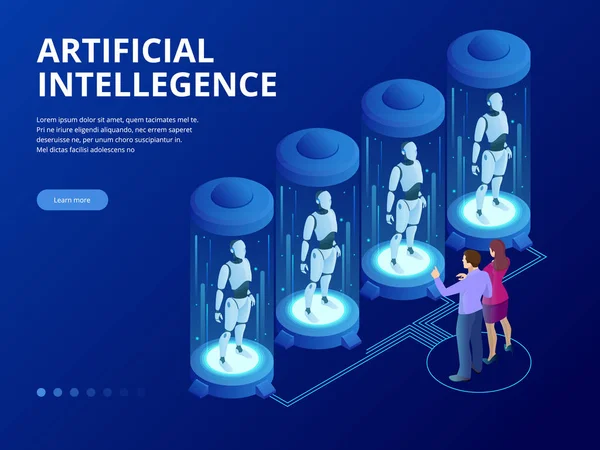 Robô isométrico com inteligência artificial. O organismo cibernético robô funciona com uma interface HUD virtual em realidade aumentada. Conceito futuro . —  Vetores de Stock