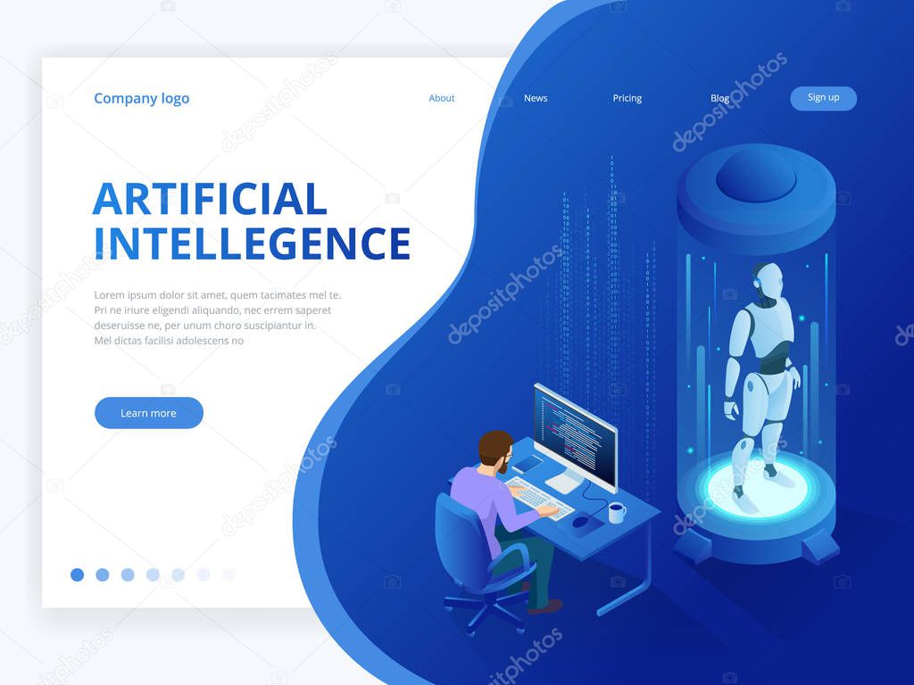 Isometric Robot with artificial intelligence. Robot cybernetic organism works with a virtual HUD interface in augmented reality. Future concept.