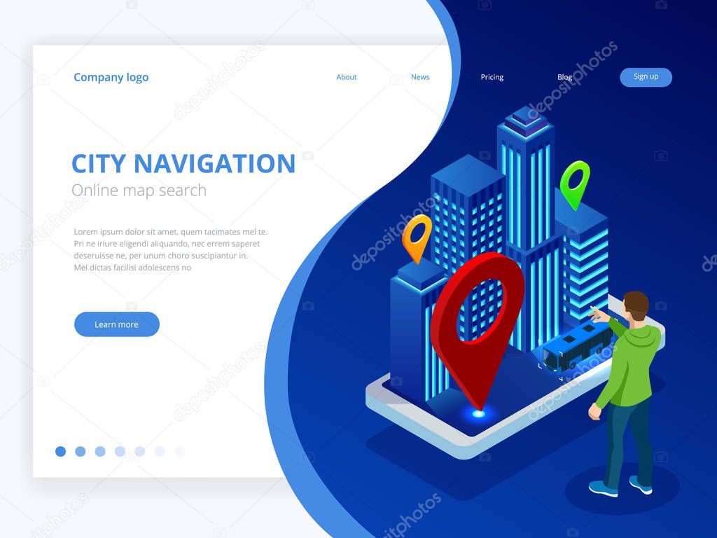 Isometric GPS satellite navigation. Web banner for travel, tourism and location route planning. Smartphone with navigator map internet app, group of destination pointer marker icons on city map