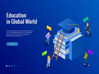İzometrik banner web online öğrenme kavramı küresel dünyada eğitim için. Kitap adım eğitim. Vektör çizim.
