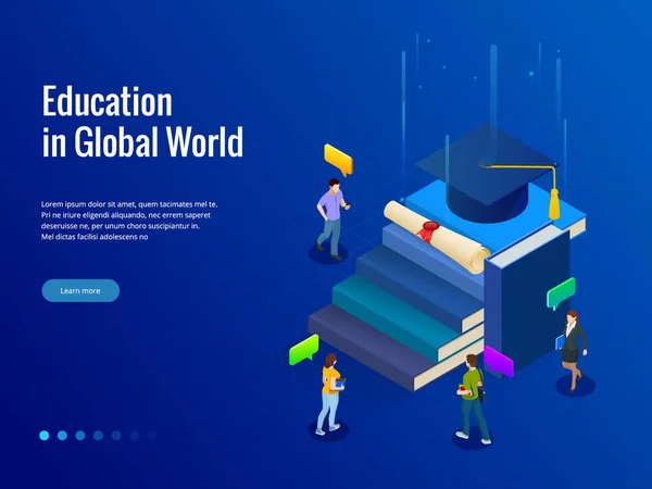 Banner isométrico para la web Educación en el mundo global, concepto de aprendizaje en línea. Libros paso a paso educación. Ilustración vectorial . — Vector de stock