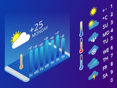 İzometrik hava uygulama tasarım öğeleri kümesi. Hava sembolleri, bir mobil uygulama hava tahmini için tasarım. Vektör widget düzeni meteorolojik bir uygulama. Mavi arka plan