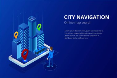 İzometrik Gps uydu navigasyon. Seyahat, turizm ve konumu rota planlama için web banner. Navigator ile Smartphone harita Internet app, grup hedef işaretçi işaretçi simgeleri şehir haritası