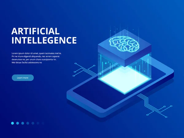 Izometrikus mesterséges intelligencia üzleti koncepció. Technológiai és műszaki koncepció, adat kapcsolat pc smartphone a jövő technológiája. — Stock Vector