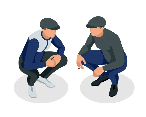 Isometric man is squatting and smoking. Vector isolated on a white background — Stock Vector