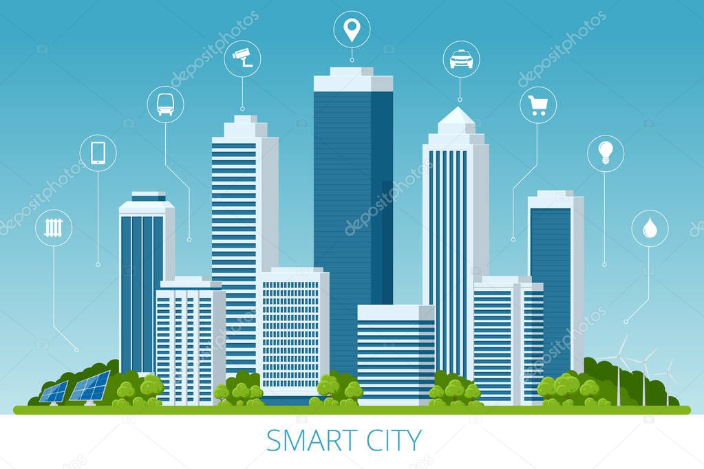 Flat vector smart city and communication network. Wifi, internet, communication, travel, computer and kinds of technology for smart city concept