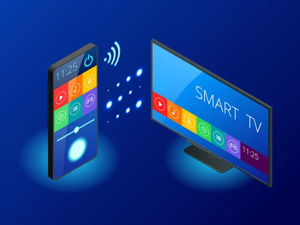 Isometric Smart TV is controlled by a smartphone, transmits information via the cloud. Smart TV interface app. Vector illustration — Stock Vector