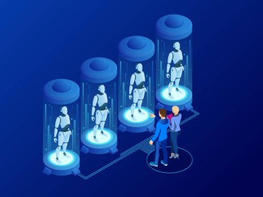 Robotlar izometrik yapay zeka. Teknoloji ve mühendislik. Bilim adamları tasarımlar beyin, ayarları yapay zeka insansı robot mühendisi. Program sibernetik beyin kavramı