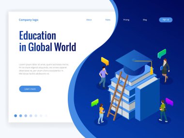 İzometrik eğitim küresel dünyada. Kitap adım eğitim. Online eğitim kavramı. Online eğitim kursları, uzmanlık, üniversite eğitimi illüstrasyon vektör