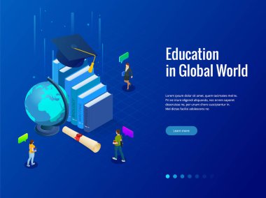 İzometrik eğitim küresel dünyada. Kitap adım eğitim. Online eğitim kavramı. Online eğitim kursları, uzmanlık, üniversite eğitimi illüstrasyon vektör