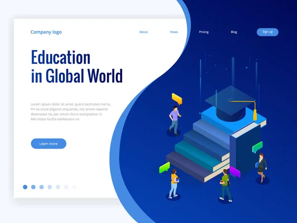 Educazione isometrica nel mondo globale. Libri passo istruzione. Concetto di educazione online. Corsi di formazione online, specializzazione, studi universitari illustrazione vettoriale — Vettoriale Stock