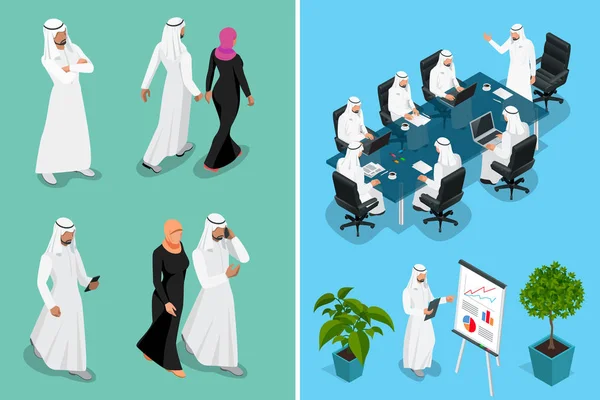 Isométrico hombre de negocios Arabia Saudita hombre y mujer diseño de personajes con diferentes poses, coche sobre fondo azul ilustración vectorial aislado. Hombre de negocios árabe en ropa tradicional nacional musulmana . — Vector de stock