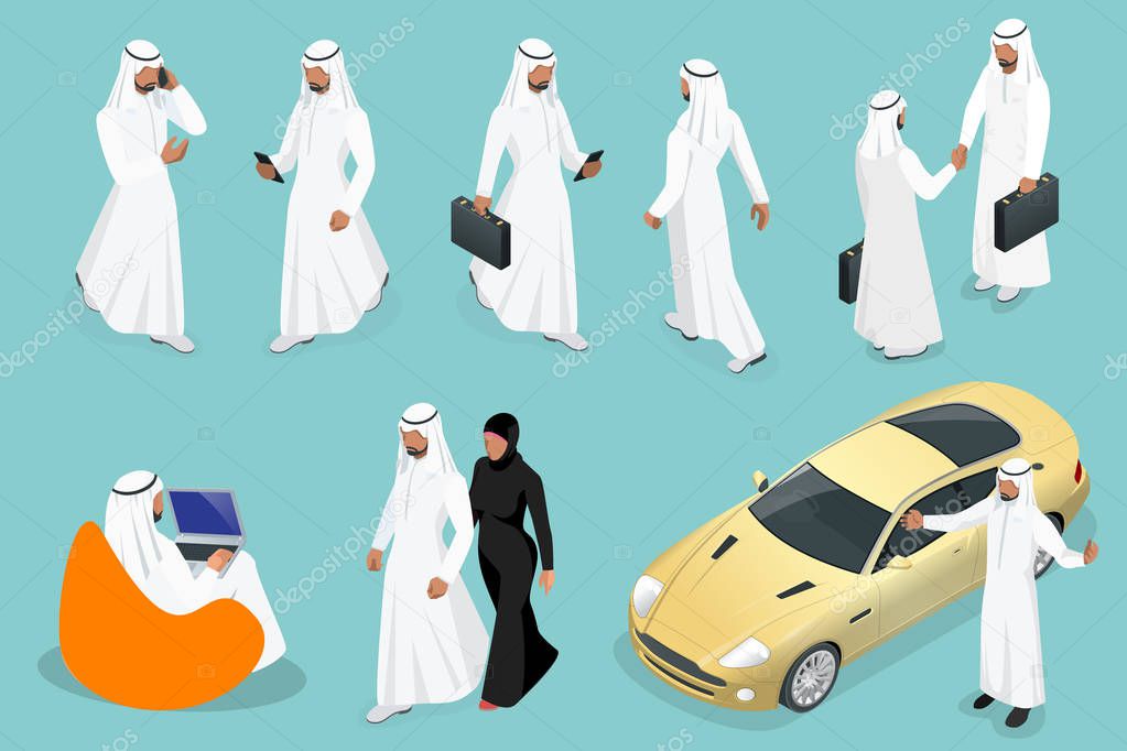 Isometric businessman Saudi Arab man and woman character design with different poses, car on blue background isolated vector illustration. Arabic Business man on Traditional National Muslim Clothes.