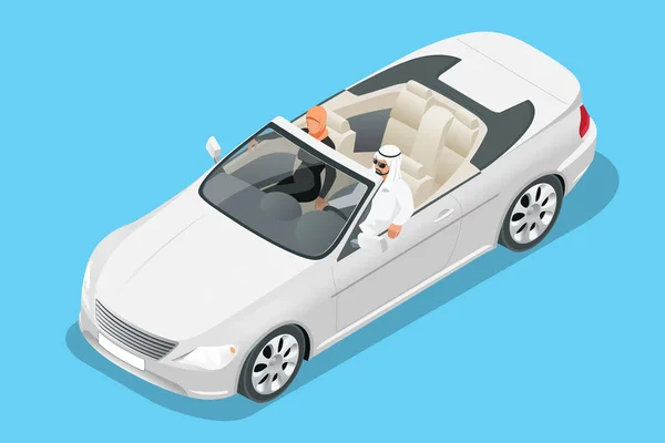 Isometrische Arabische paar rijden in cabriolet auto. Reizen door cabriolet auto vectorillustratie — Stockvector